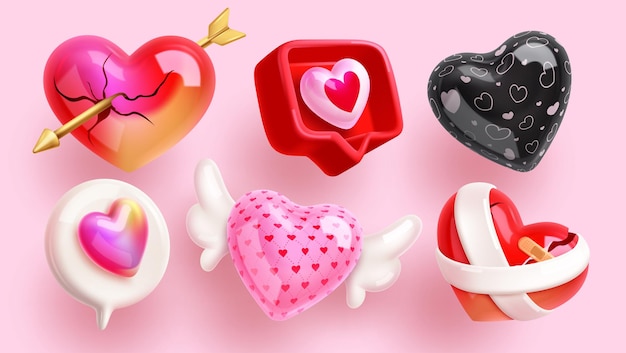 Love heart shape clip art set Icono del corazón Símbolo de San Valentín con flecha de Cupido burbuja de habla
