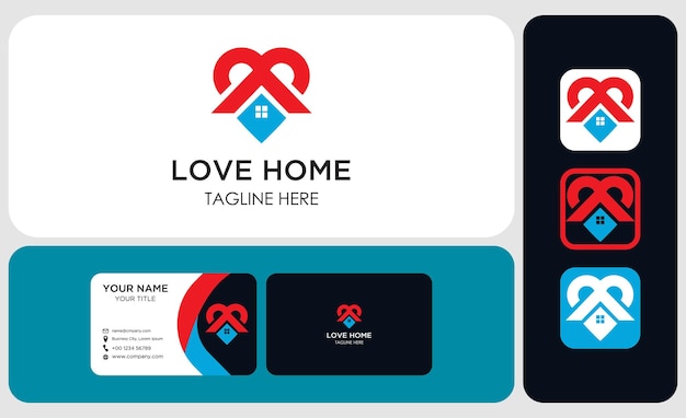 Love home logo casa con ventana y chimenea en el techo y corazón o símbolo de amor y tarjeta de visita