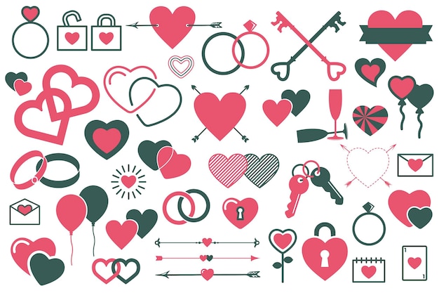 Love icons Hearts and symbols for Valentines Day