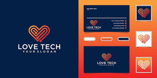 Love tech line art logo y tarjeta de visita