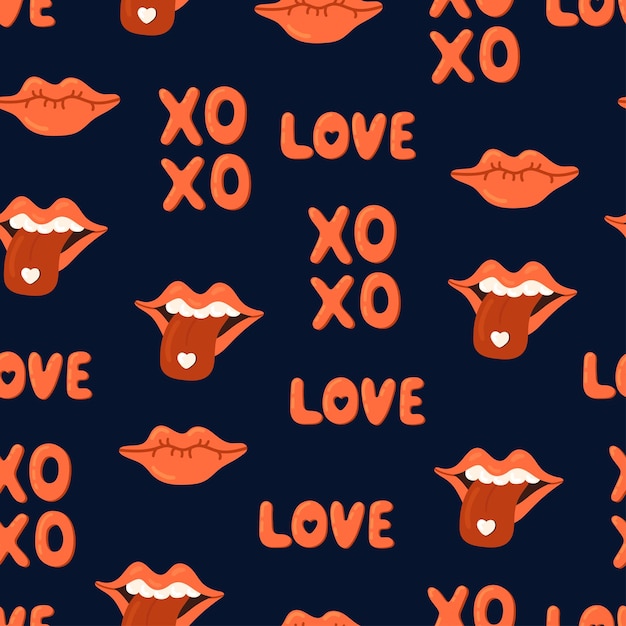 Love XOXO frase escrita a mano labios rojos femeninos vector patrón sin costuras día de San Valentín de dibujos animados