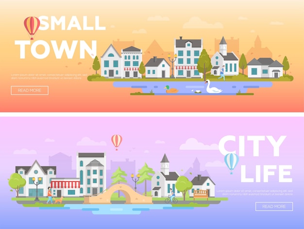 Lovely city - conjunto de ilustraciones vectoriales planas modernas con lugar para texto sobre fondo naranja y azul. dos variantes de paisajes urbanos con bonitos edificios, gente activa, iglesia, estanque, puente.