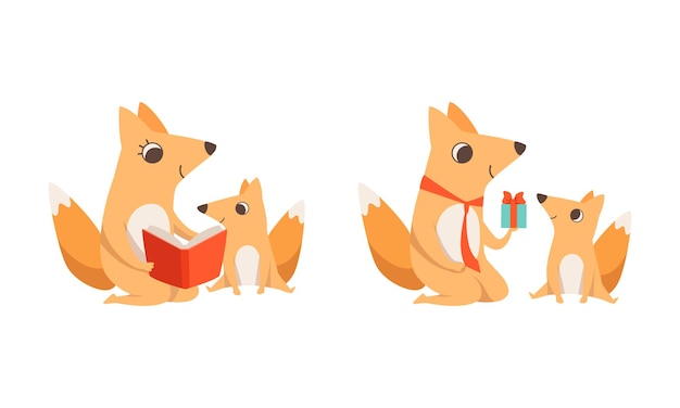 Loving Fox Mamá y Papá Personaje con su cachorro leyendo libro y dando caja de regalos Conjunto vectorial