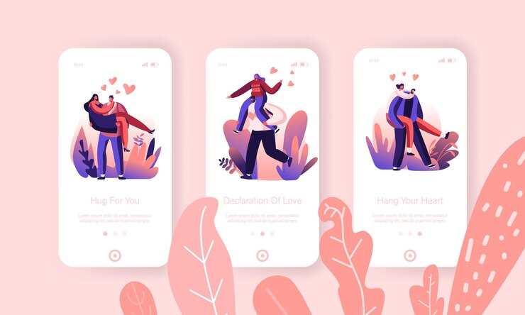 Vector loving hearts togetherness, emotion connection mobile app page onboard screen set.