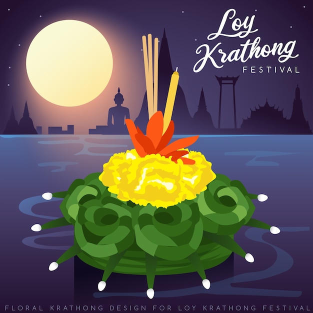 Loy krathong, festival tradicional tailandés con luna llena, pagoda y fondo del templo