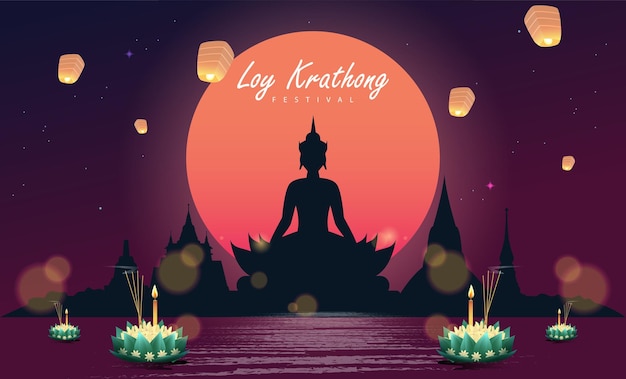 Loy krathong Festival Viajes Tailandia Cartel Diseño Fondo Vector Ilustración