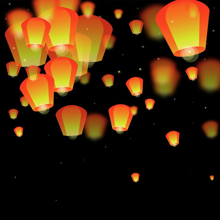 Vector loy krathong tarjeta de festival tailandés vacaciones con luces de linterna de papel volando en el cielo nocturno loy