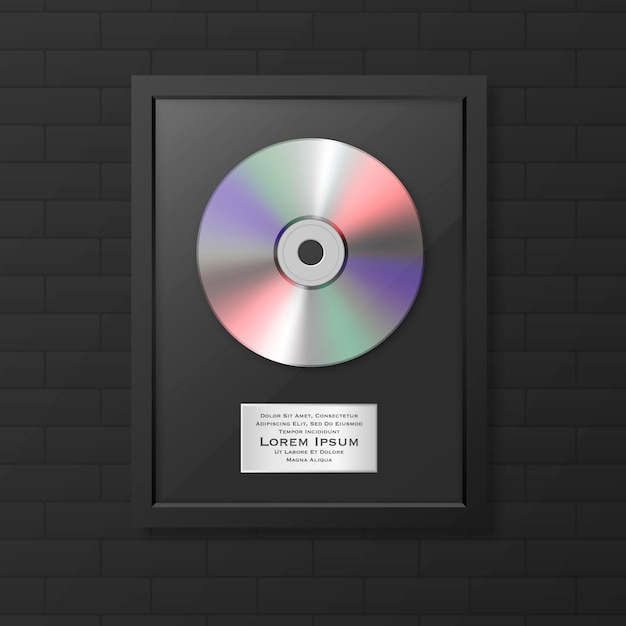 Vector lp realista y etiqueta en primer plano de icono de marco negro brillante aislado. premio disco disco individual. plantilla de diseño.