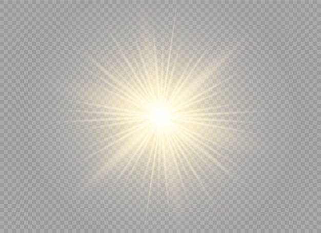 Lucero. La luz amarilla brillante explota sobre un fondo transparente. Sol brillante transparente, destello brillante.