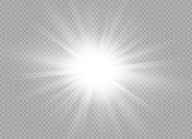 Lucero. sol brillante transparente, destello brillante. la luz blanca brillante explota sobre un fondo transparente.