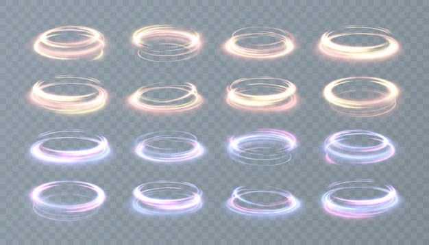 Las luces abstractas giran en círculos de neón brillantes un sendero brillante de rayos brillantes giran en un movimiento rápido