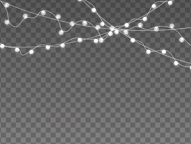 luces aisladas sobre fondo transparente. Guirnaldas para tarjetas, pancartas, carteles, diseño web. Conjunto de guirnalda blanca brillante Ilustración de lámpara de neón amarilla LED