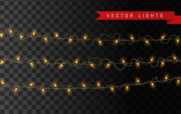 luces aisladas sobre fondo transparente. Guirnaldas para tarjetas, pancartas, carteles, diseño web. Conjunto de ilustración de lámpara de neón LED guirnalda brillante dorada