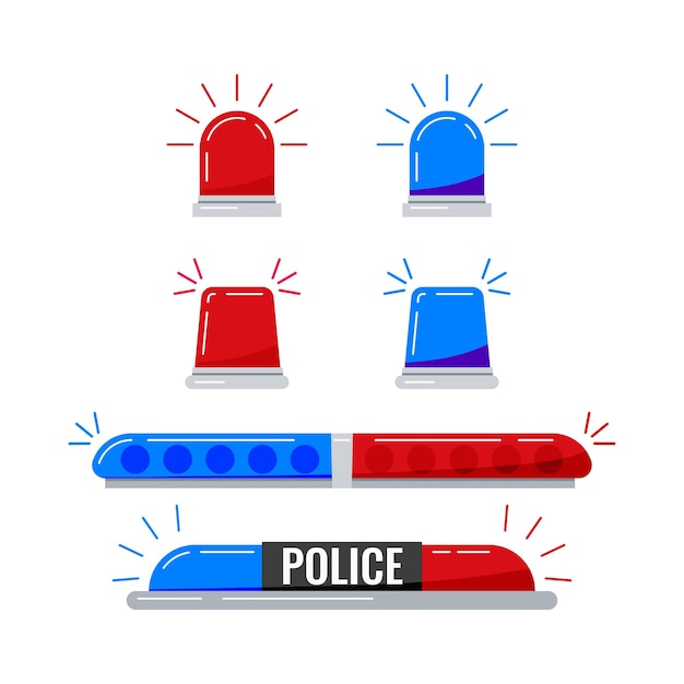 Luces azules rojas del coche de policía aisladas en fondo blanco Ilustración de vector de sirena de luces intermitentes de policía Colección de luces intermitentes de alarma para ambulancia y rescate en estilo de dibujos animados planos