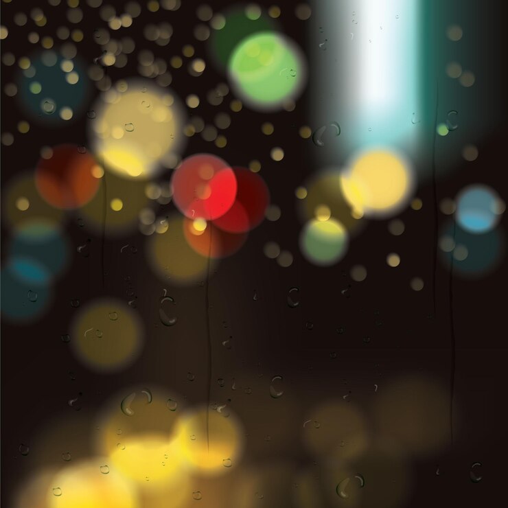 Vector luces de bokeh en la noche a través de la ventana con gotas de lluvia