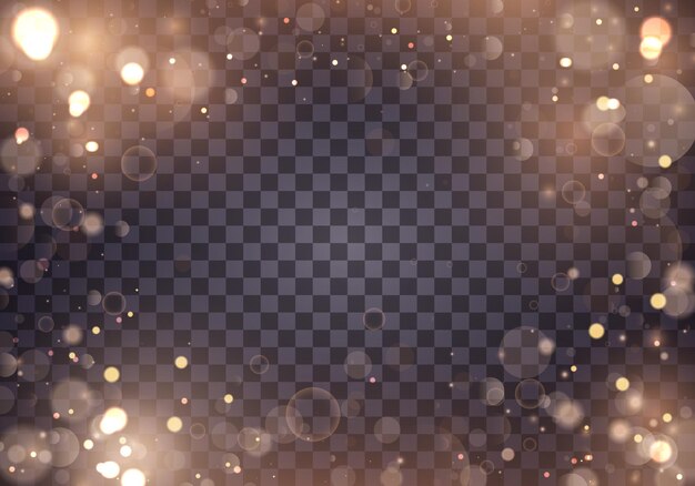 Luces de bokeh que brillan intensamente abstractas ligeras. Efecto de luces bokeh aislado sobre fondo transparente. Fondo luminoso dorado festivo. concepto. Marco de luz borrosa.
