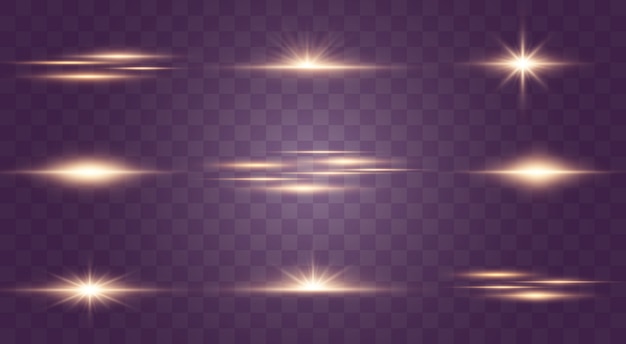 Luces brillantes y estrellas. Aislado sobre fondo transparente Conjunto de explosiones de luz. Brillantes partículas de polvo mágico. Estrella brillante, destellos Sol brillante transparente, flash Efecto de luz