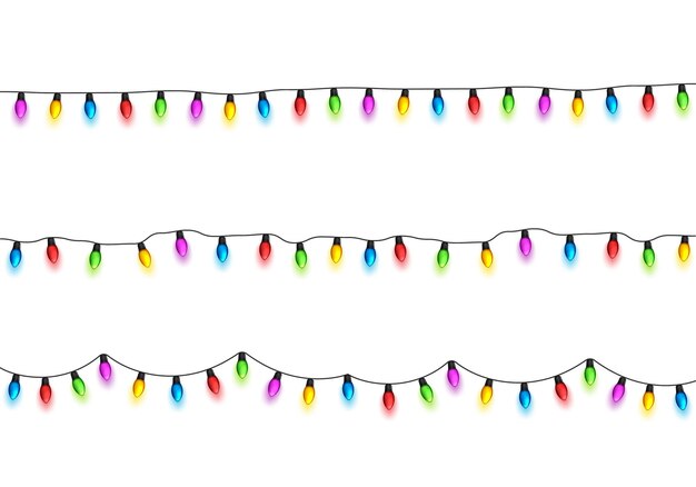 Luces brillantes de Navidad en fondo blanco guirnaldas con bombillas de colores xmas vacaciones de Navidad