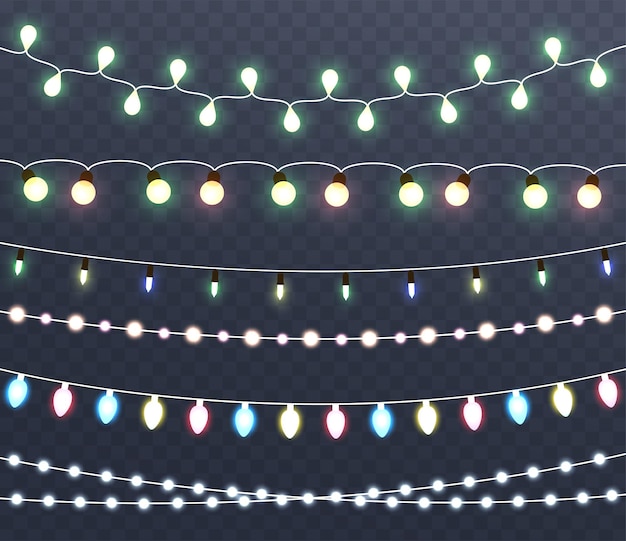 Luces brillantes de Navidad guirnaldas decoraciones navideñas efectos de iluminación de Año Nuevo aislados