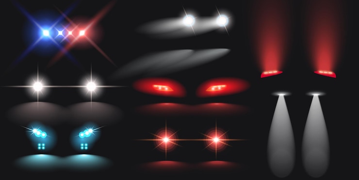 Vector luces de coche que brillan intensamente en la oscuridad conjunto realista aislado contra la ilustración de vector de fondo negro