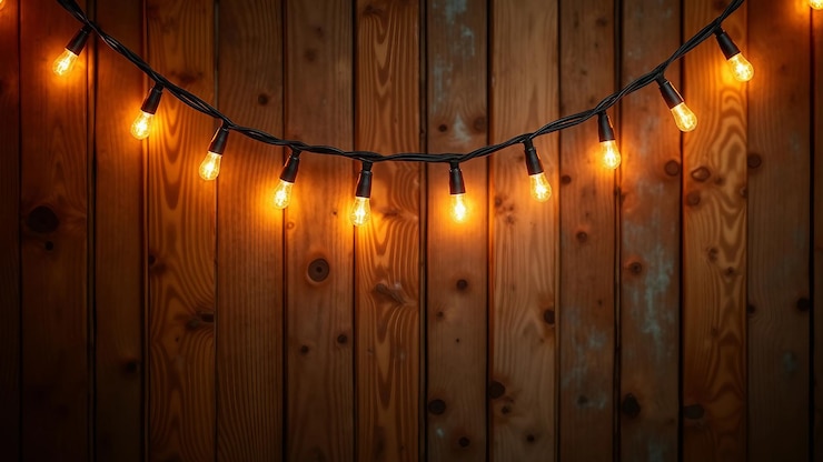 Vector luces de cuerda de navidad en fondo de madera