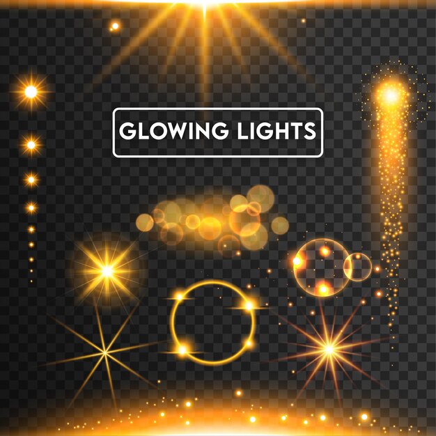 Luces doradas o destellos brillantes de las lentes aislados sobre un fondo transparente