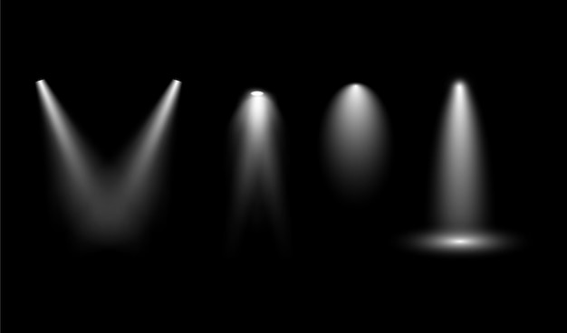 Las luces del escenario hacen focos blancos que brillan intensamente elementos de diseño para el estudio o la escena interior del teatro