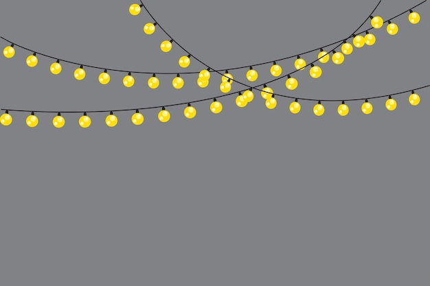 Luces festivas amarillas bombillas de cuerda curvas guirnaldas colgantes brillantes fondo gris vectorial