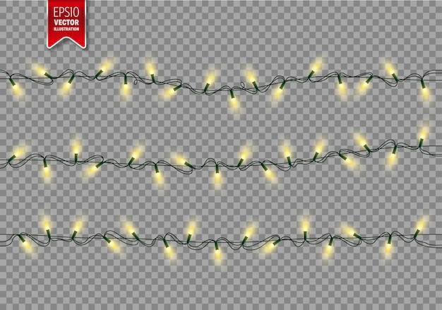 Luces festivas de Navidad decorativas guirnalda brillante aislada sobre un fondo transparente brillante