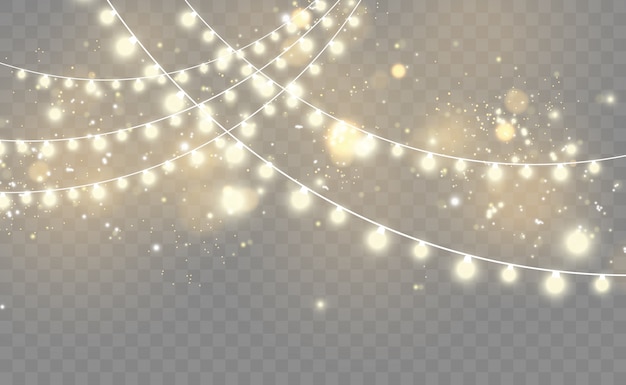 Luces de guirnalda aisladas sobre fondo transparente. Hermoso arreglo de guirnalda.