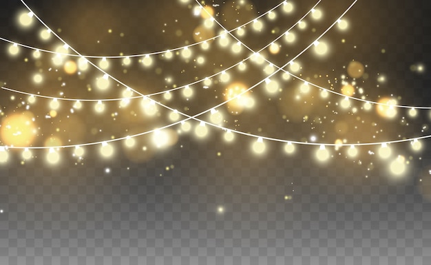 Luces de guirnalda aisladas sobre fondo transparente. Hermoso arreglo de guirnalda.