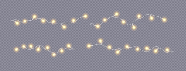 Las luces de las hadas de las fiestas son de oro, iconos realistas, conjunto vectorial.