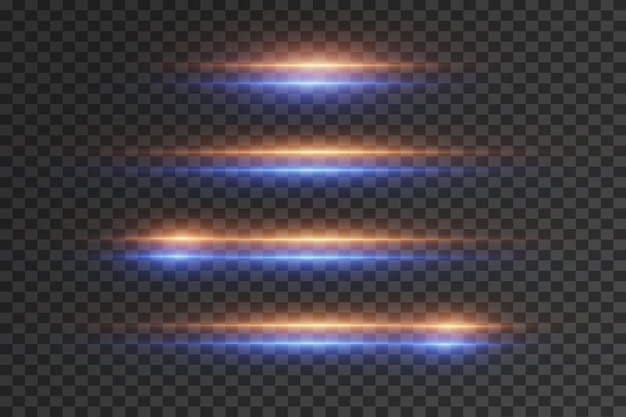 Luces horizontales brillantes Rayos láser de luz sobre un fondo transparente