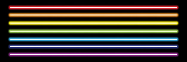 luces horizontales de tubo de neón de arco iris en ilustración vectorial negra