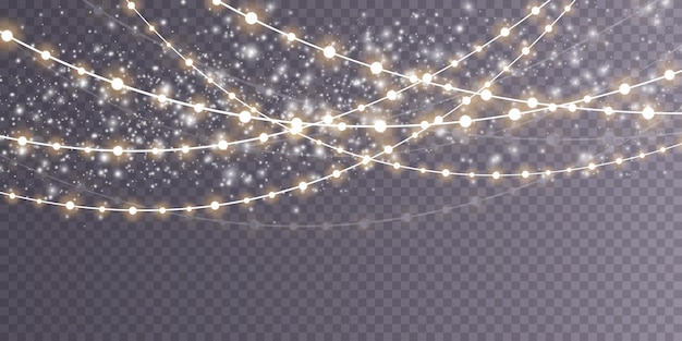 Luces de Navidad aisladas sobre fondo transparente Conjunto de guirnaldas brillantes de Navidad doradas Ilustración vectorial