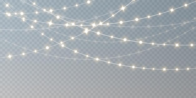 Luces de Navidad aisladas sobre fondo transparente Conjunto de guirnaldas brillantes de Navidad doradas Ilustración vectorial