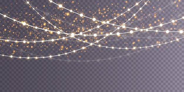 Luces de Navidad aisladas sobre fondo transparente Conjunto de guirnaldas brillantes de Navidad doradas Ilustración vectorial