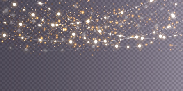 Luces de Navidad aisladas sobre fondo transparente Conjunto de guirnaldas brillantes de Navidad doradas Ilustración vectorial