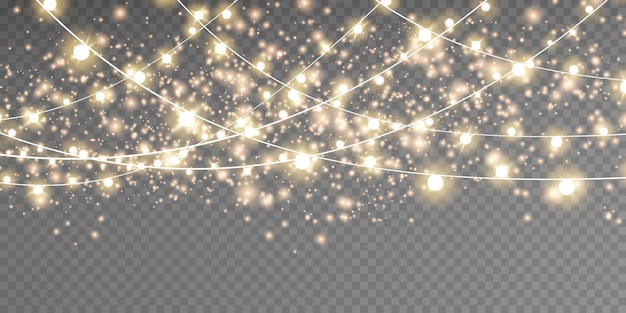 Luces de Navidad aisladas sobre fondo transparente Conjunto de guirnaldas brillantes de Navidad doradas Ilustración vectorial