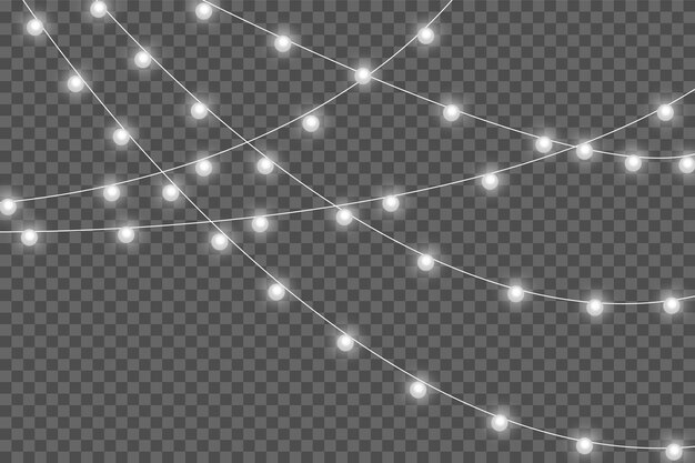 Luces de Navidad aisladas sobre fondo transparente. Guirnaldas para tarjetas, pancartas, carteles, diseño web. Conjunto de guirnalda brillante de Navidad dorada Lámpara de neón LED Ilustración vectorial