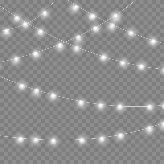 Luces de Navidad aisladas sobre fondo transparente. Guirnaldas para tarjetas, pancartas, carteles.