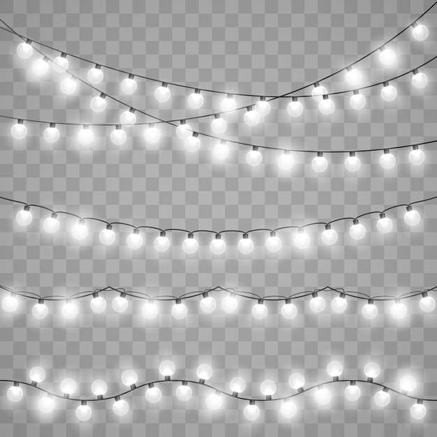 Luces de Navidad aisladas. Vector resplandor bombillas en hilos de alambre