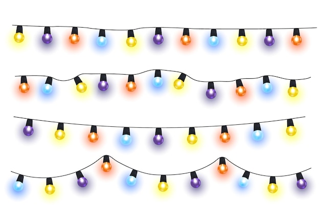 Las luces de navidad aislaron elementos de diseño realista. guirnaldas con bulbos de colores.