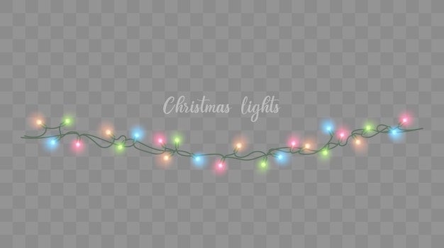 Las luces de Navidad aislaron el vector de la guirnalda de Navidad colorida que brilla intensamente bombillas en hilos de alambre