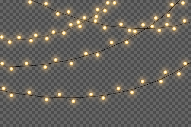 Luces de Navidad amarillas aisladas elementos de diseño realista.Luces de Navidad aisladas sobre fondo transparente. Guirnalda brillante de Navidad. .