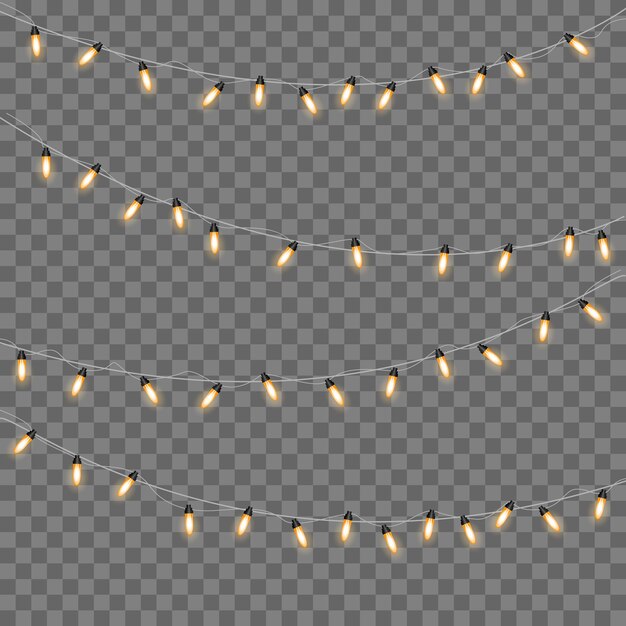 Luces de Navidad amarillas aisladas elementos de diseño realista.Luces de Navidad aisladas sobre fondo transparente. Guirnalda brillante de Navidad.