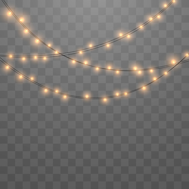 Luces de navidad, bombillas, cadena de guirnaldas brillantes, luces de fiesta de año nuevo, vector png