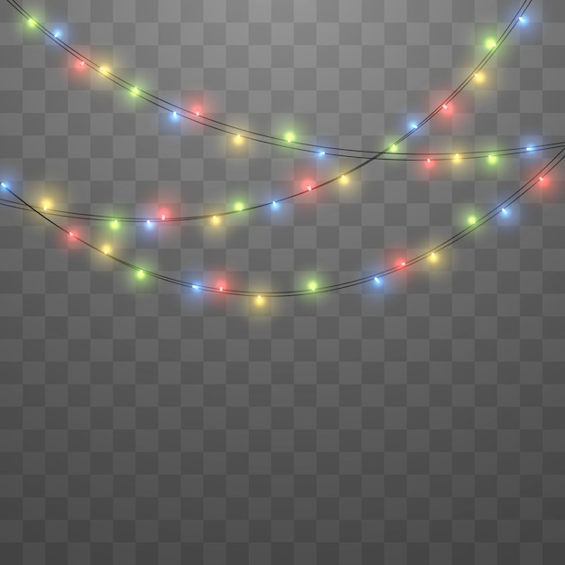 luces de navidad, bombillas, cadena de guirnaldas brillantes, luces de fiesta de año nuevo, vector png