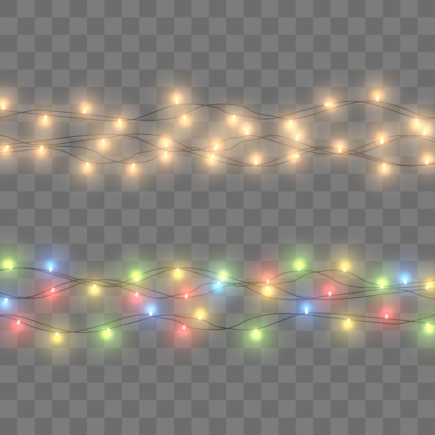 Luces de navidad, bombillas, cadena de guirnaldas brillantes, luces de fiesta de año nuevo, vector png