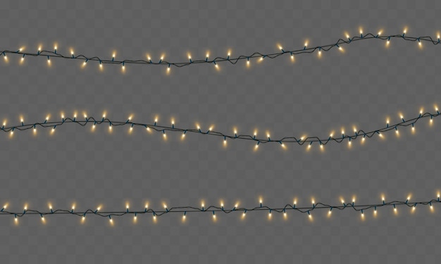 Luces de Navidad de bombillas de luz amarilla aisladas sobre un fondo transparente